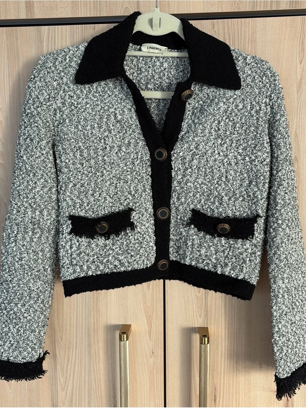 L’AGENCE Arielle Tweed Bouclé Jacket White Black Gold Buttons Designer